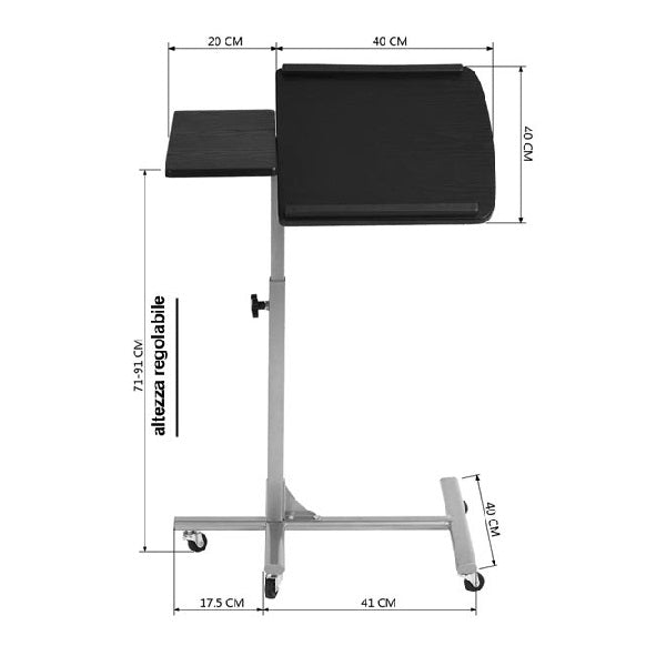 Tavolino Porta PC con 5ruote e Piano Inclinabile Regolabile Altezza 70-92 cm Nero