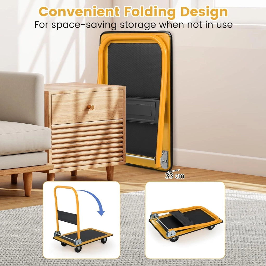 Carrello Pieghevole con Ruote, Carrello a Piattaforma da Transporto, Capacità 150 KG, con Piattaforma Antiscivolo, per Trasporto, Movimentazione, Demenagement, 73 X 48 X 83 CM (Nero+Giallo)