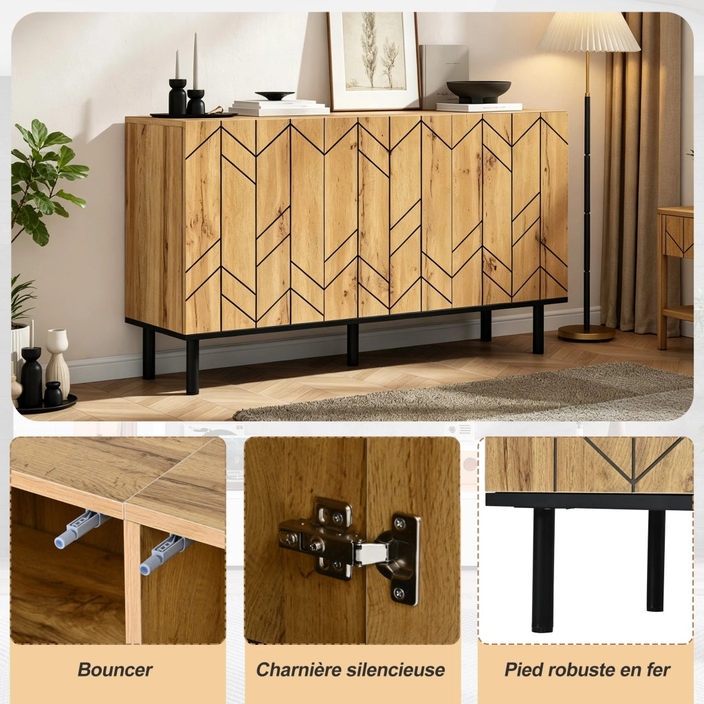 Credenza con 3 ante e frontale effetto ondulato; in truciolato e gambe in metallo; per soggiorno; 120 × 35 × 70 cm