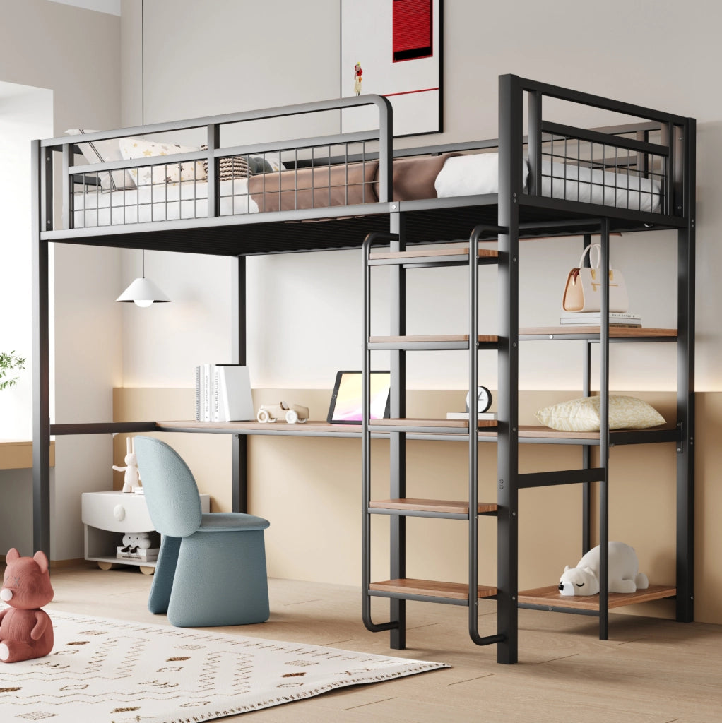 Letto a soppalco in metallo con scrivania e ripiani, 90x200 cm, nero