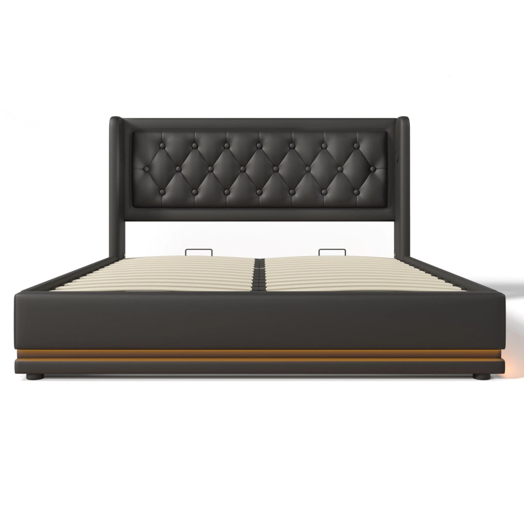 Letto contenitore 180x200 cm in PU nero con LED e porte USB/Type-C