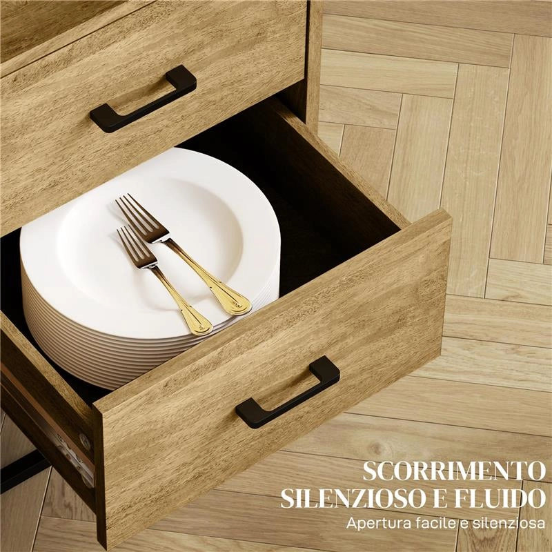 CREDENZA MODERNA CON 2 CASSETTI ARMADIETTO REGOLABILE E RIPIANO APERTO IN LEGNO E ACCIAIO 80X40X78 CM MARRONE