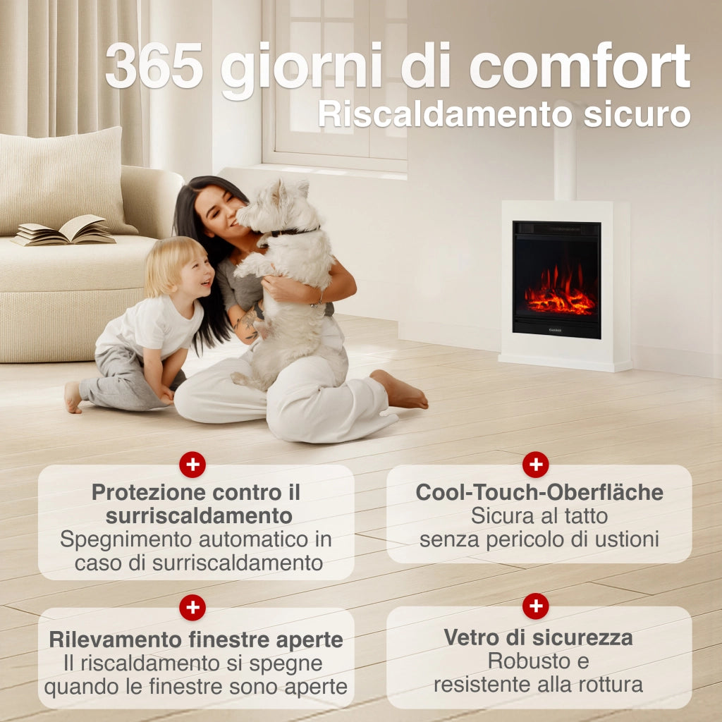 KAMINIO Camino elettrico KALLE con tubo del camino - Caminetto elettrico a pavimento con riscaldamento, effetto fiamma 3D, telecomando - Bianco