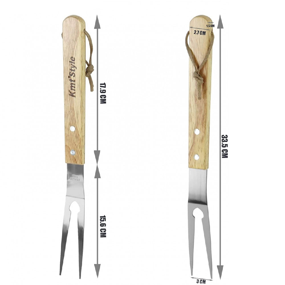 Trade Shop - Set 3 Attrezzi Griglia Barbecue Forchettone Pinza Spatola In Acciaio Manico Legno -