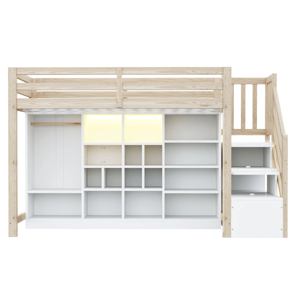 Letto a soppalco 90 x 200 cm con armadio, contenitori e illuminazione LED