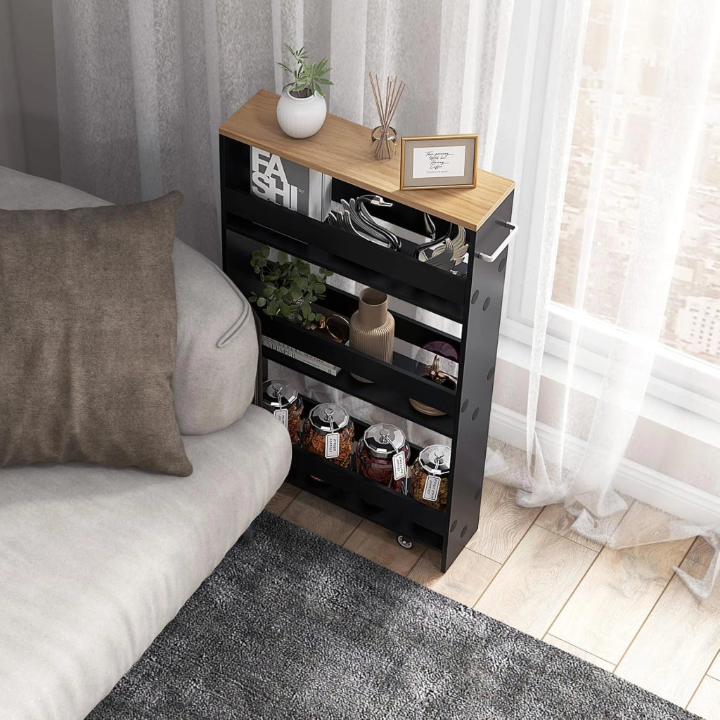 Carrello Portaoggetti da Cucina, Scaffale con Maniglia Laterale e Ruote, Carrello Salvaspazio con 3 Scaffali Stretti, 47,5x13x80,5 cm (Naturale+Nero)