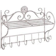 Mensola da parete per bagno in metallo bianco 42 x 47 cm Ripiano singolo sospeso con ganci effetto anticato in stile vintage