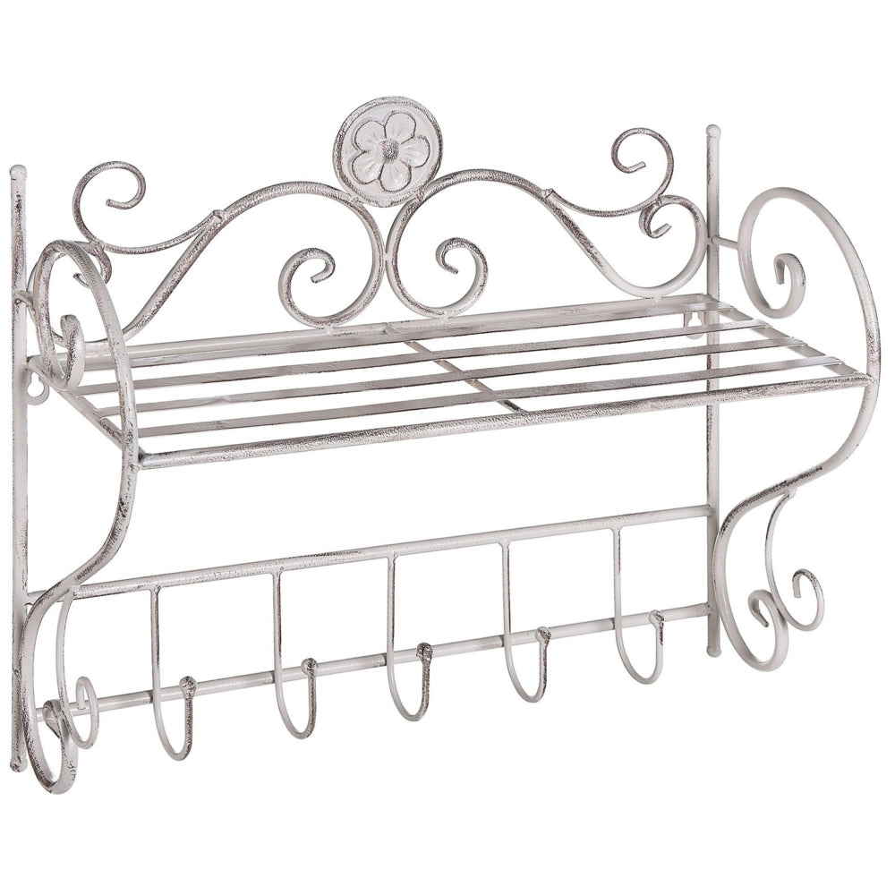 Mensola da parete per bagno in metallo bianco 42 x 47 cm Ripiano singolo sospeso con ganci effetto anticato in stile vintage