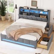 Letto imbottito 140×200 cm grigio in lino con LED, USB, cassetti e vano contenitore