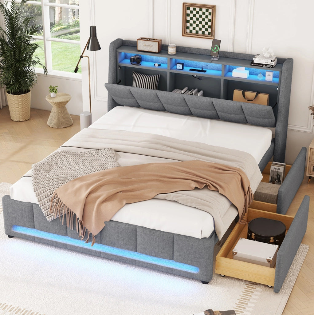Letto imbottito 140×200 cm grigio in lino con LED, USB, cassetti e vano contenitore