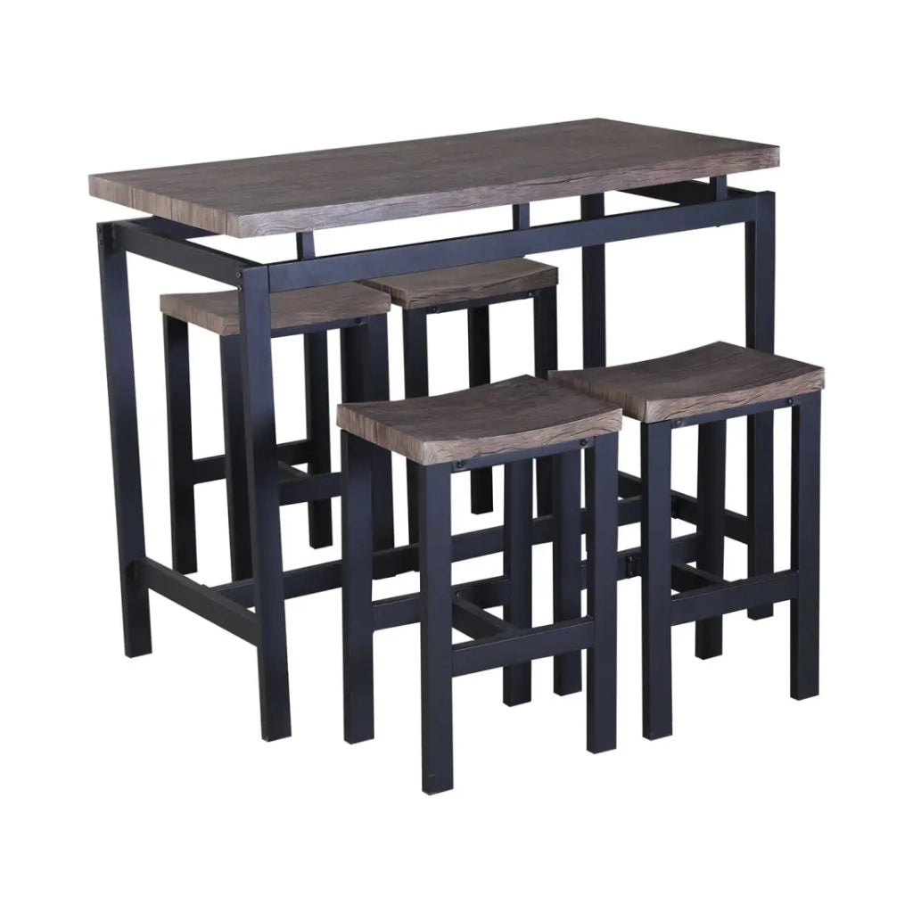 Set tavolo alto, bar + 4 sgabelli NIMES. Set moderno stile industriale, legno e metallo.