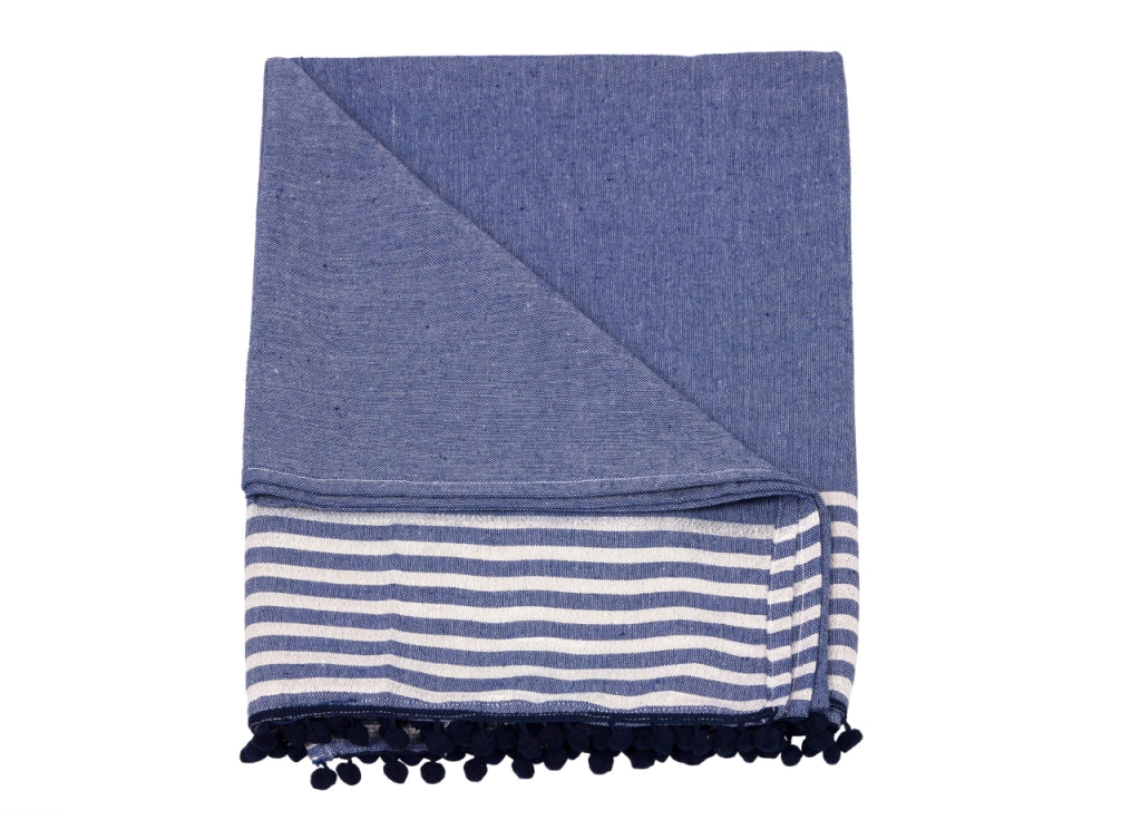Telo Mare Fouta Spiaggia 100% Cotone Modello Lurex Con Pon Pon - Telo Mare - Blu