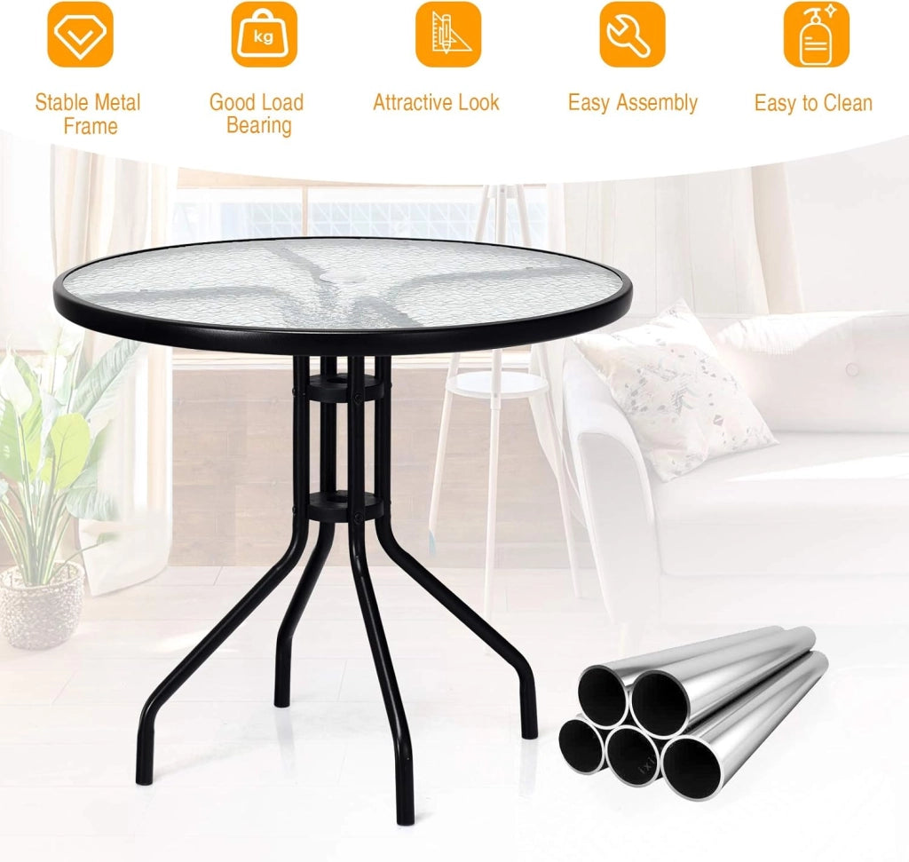 Tavolino da giardino 70 cm, tavolo da patio con piano in vetro temperato, telaio in metallo robusto con foro per ombrellone, tavolino rotondo per balcone, patio, bistrot
