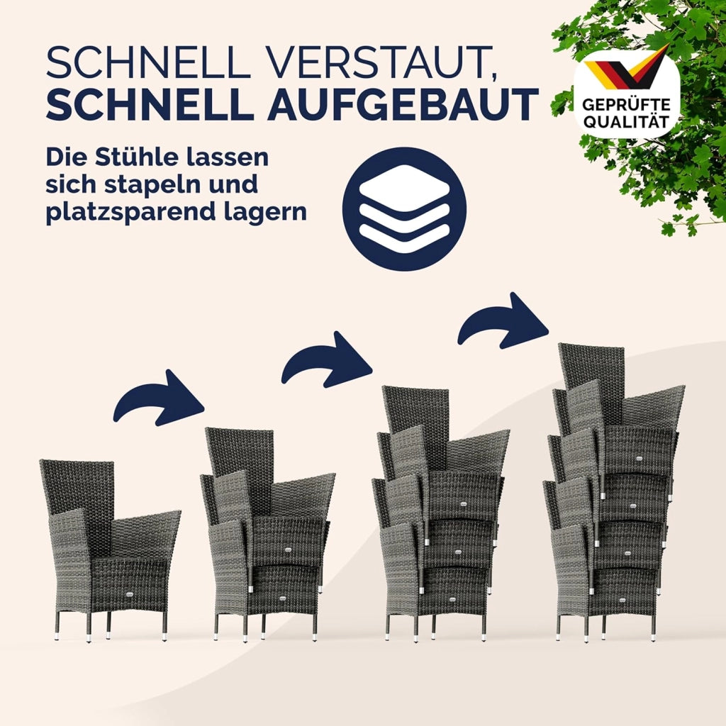 ® Set di Mobili da Giardino 4 Sedie Impilabili con Cuscini e Tavolo 90x90cm Polyrattan Balcone Terrazza