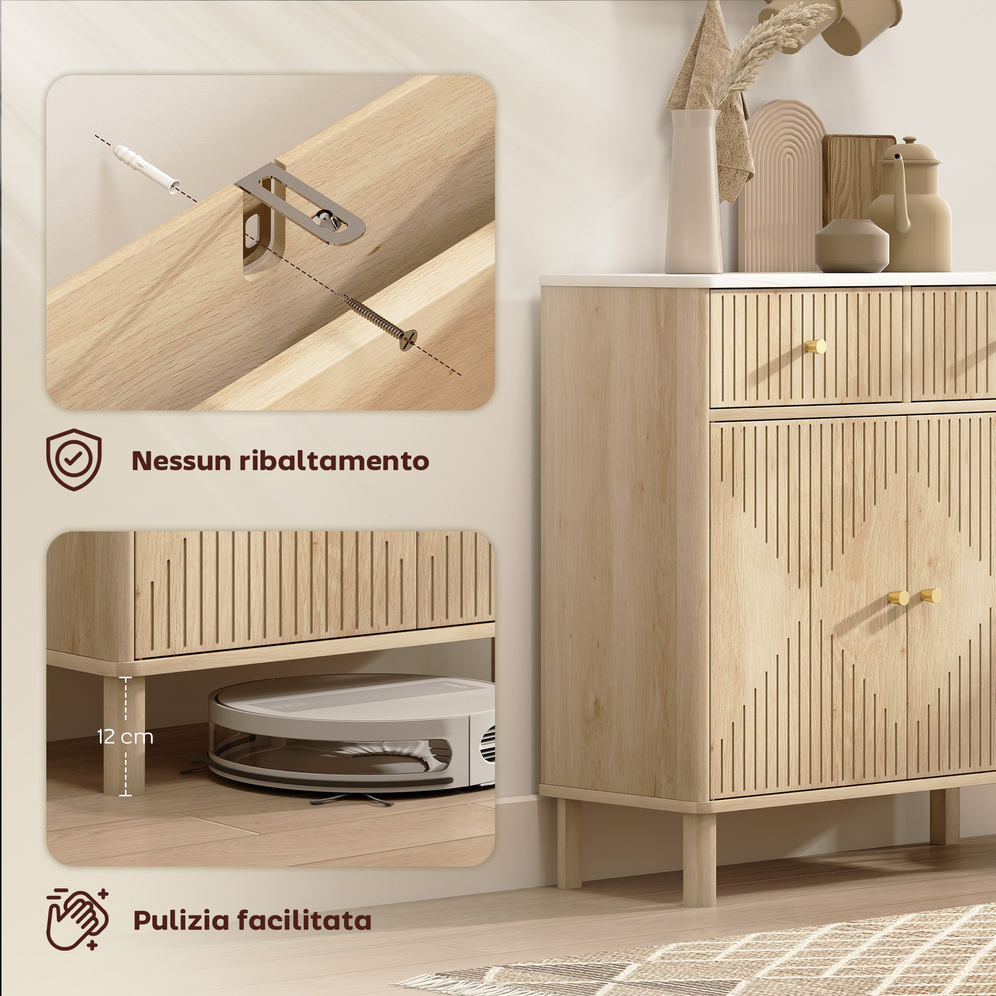 Credenza Buffet 77x30x80 cm con Piano d'Appoggio Effetto Marmo in Legno Rovere