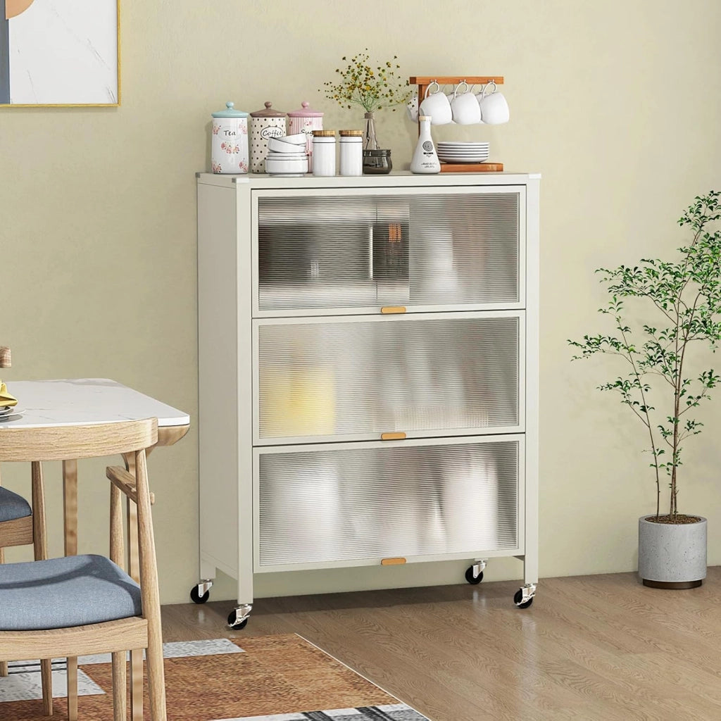 Credenza da Cucina a 4 Livelli, Armadietto Salvaspazio con Ante Ribaltabili e Ruote Bloccabili, Mobilietto Moderno in Metallo per Bagno, Soggiorno, Cucina e Ingresso, 81 x 37 x 115 cm