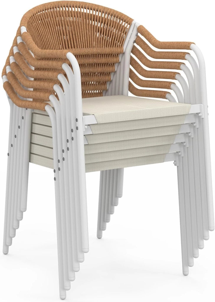 Set di 6 sedie da giardino Madeira in metallo bianco corda e textilene beige e rattan chiaro