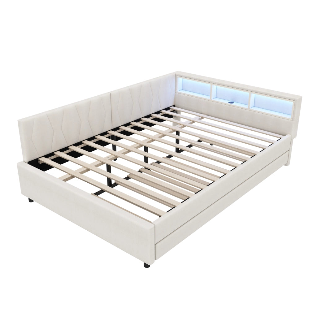 Letto estraibile 140×200 cm con USB e Type-C; LED e ripiani; senza materasso; lino; beige