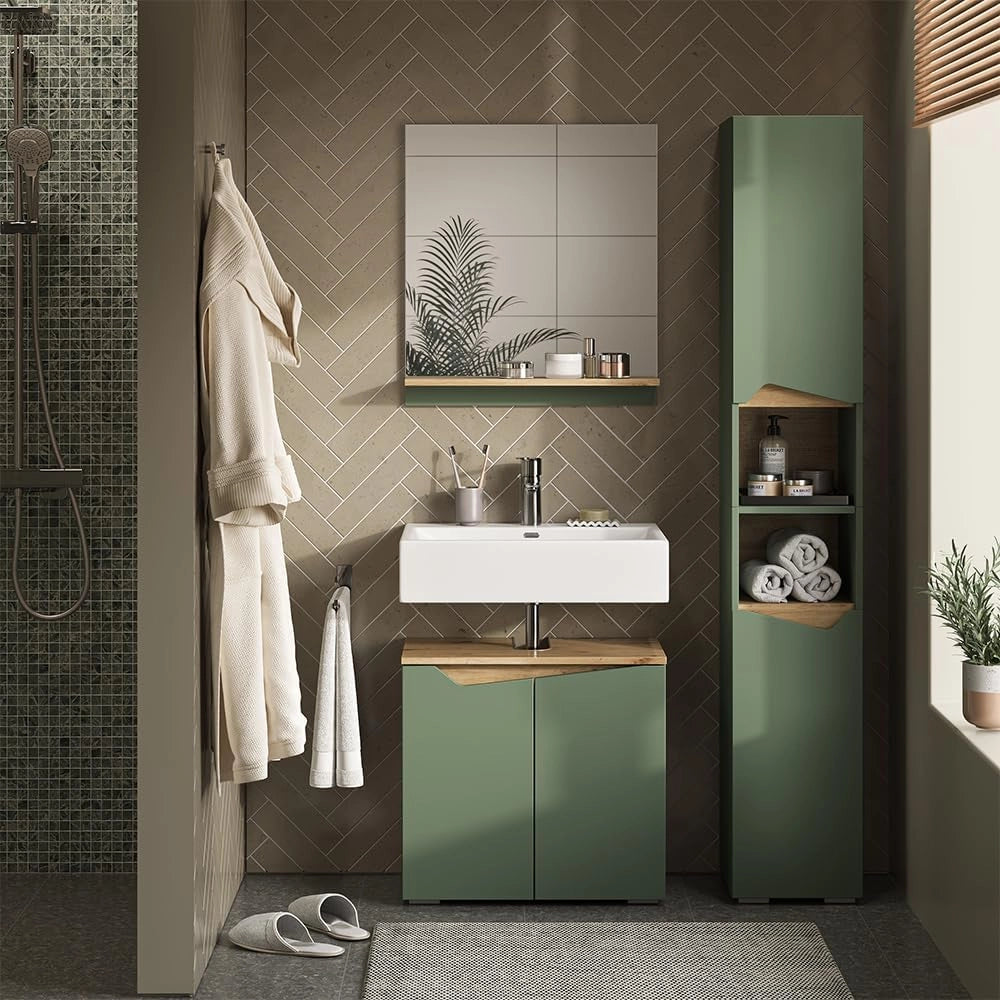 Mobile da bagno Marelle, Verde/Artigianale, 30 x 180 cm Con porte e vani aperti, per la conservazione di articoli da bagno e asciugamani