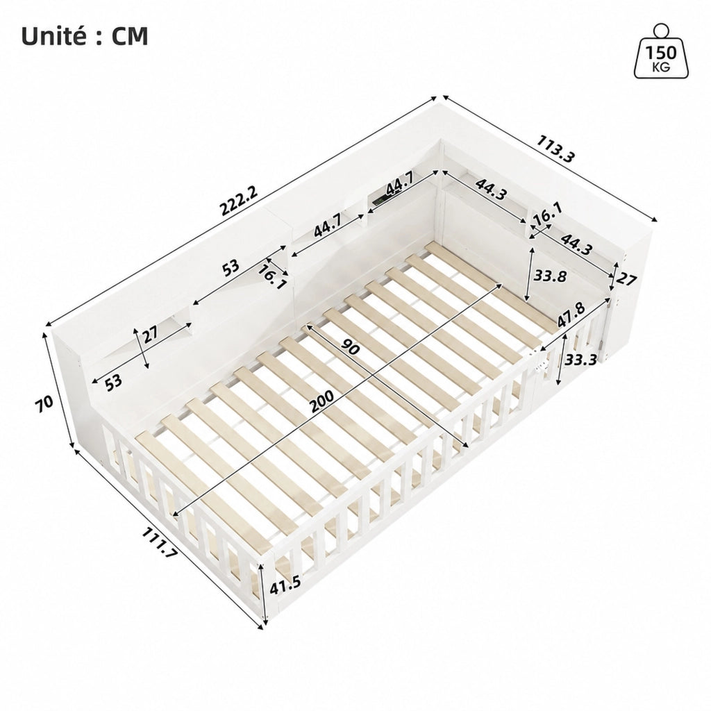 DESMIU Letto per bambini 90 × 200 cm con presa, USB, vano laterale e sponda, senza materasso, bianco