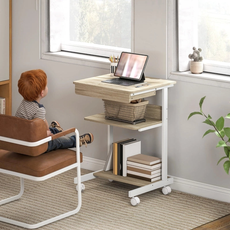 SCRIVANIA COMPATTA 56 x 51 cm con cassetto e ripiani, rovere, su ruote