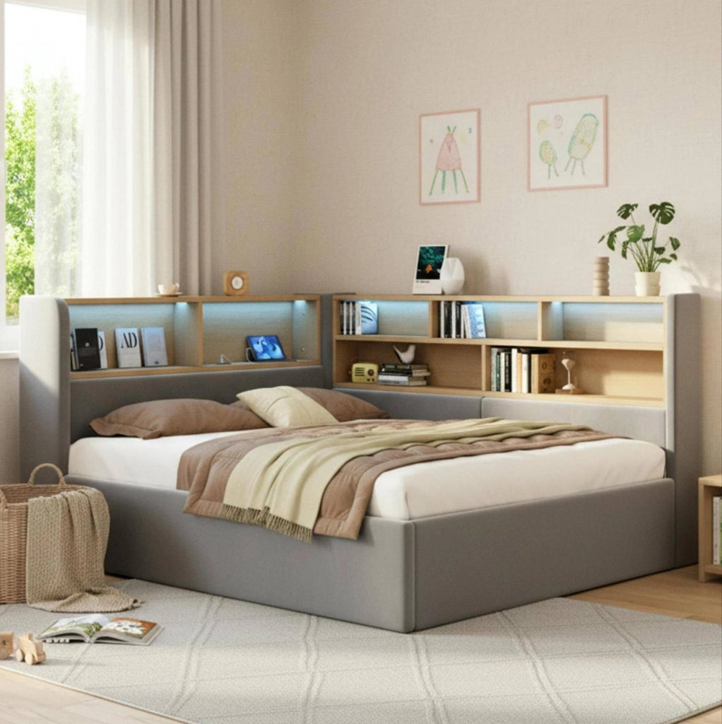 Letto daybed imbottito 140x200 cm con contenitore idraulico; LED; USB; velluto grigio