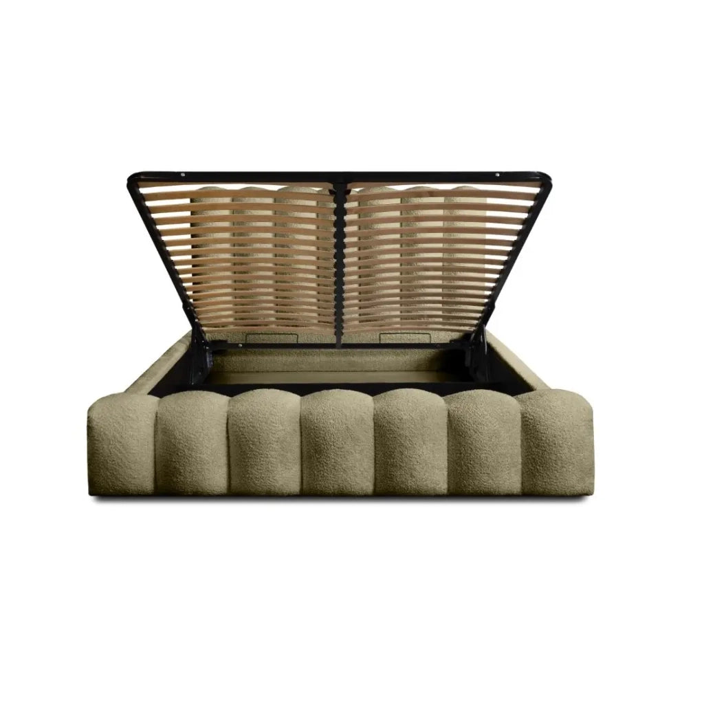 Letto contenitore BADJA – Tessuto bouclé Salvia essiccata – 140x200 cm – Rete sollevabile – Design di alta gamma