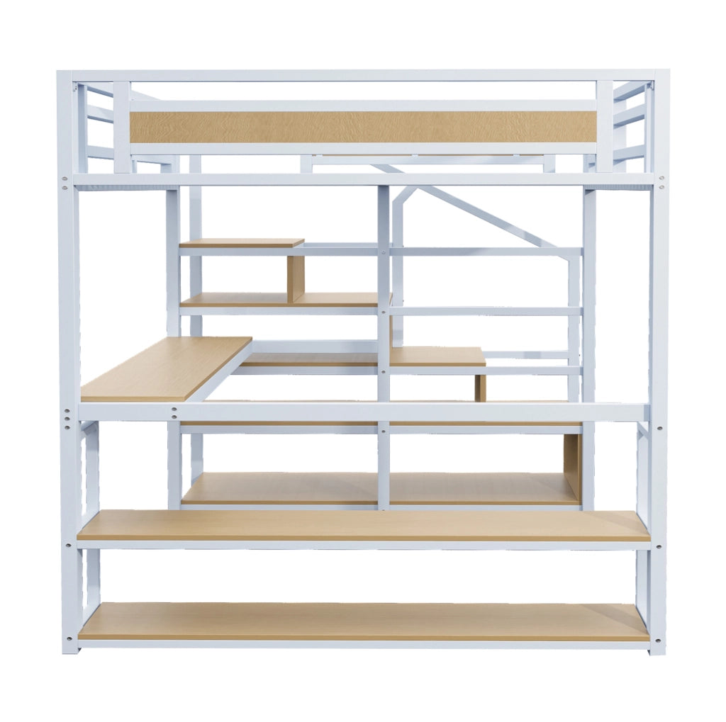 Letto a soppalco 140x200 cm in metallo con scala contenitore; ripiani e tavolo; bianco