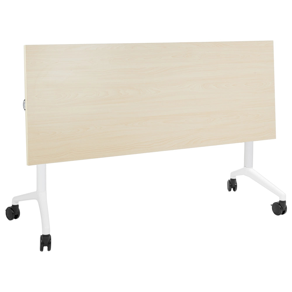 Scrivania rettangolare pieghevole con rotelle portatile con struttura in metallo bianco marrone chiaro 160 x 60 cm stile moderno