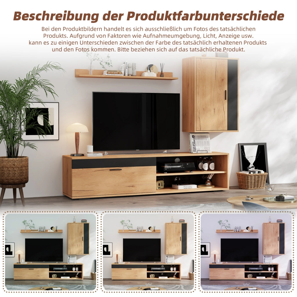 Mobile porta TV con pensile e mensola, 3 pezzi, in truciolato, effetto legno e nero, 140 × 35 × 39 cm