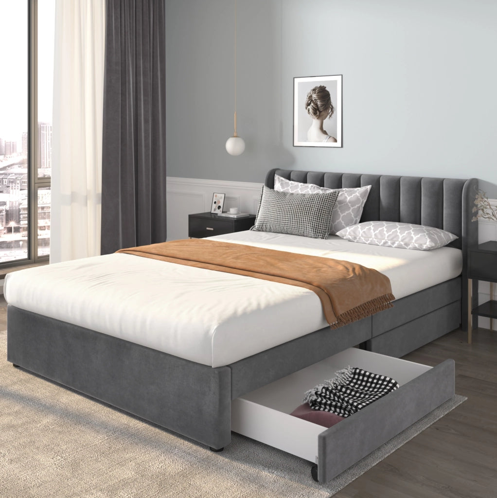 Letto imbottito 140x200 cm con testiera alta e 2 cassetti; velluto grigio (Senza materasso)