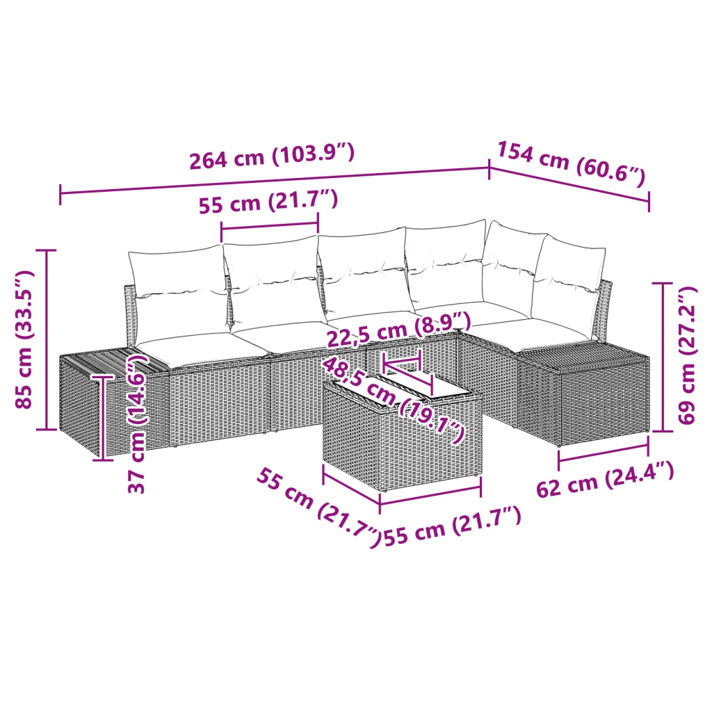 Set divano da giardino 6 pezzi con cuscini beige polyrattan