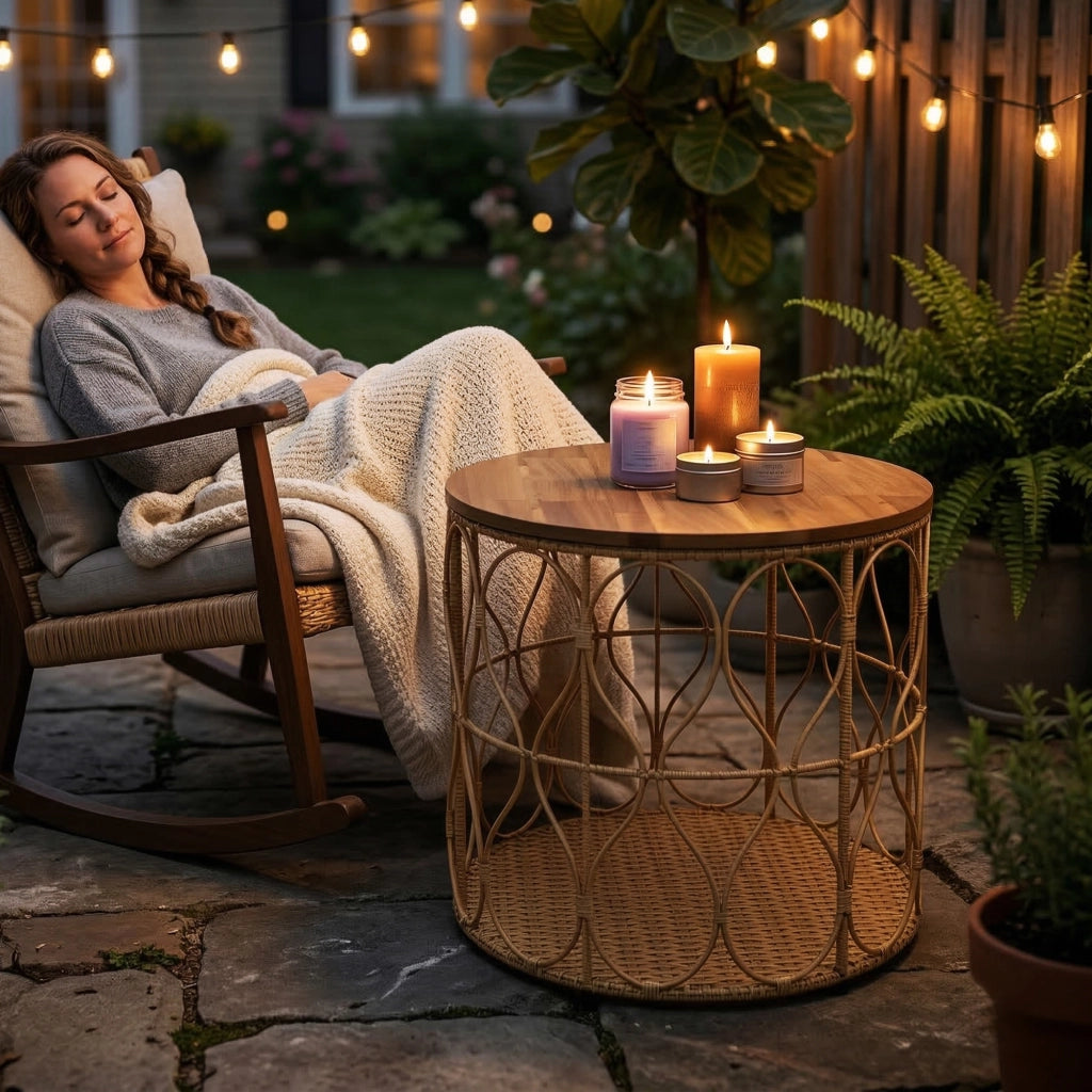 Comodino laterale da 50 cm con piano effetto rattan in legno di acacia regolabile in teak