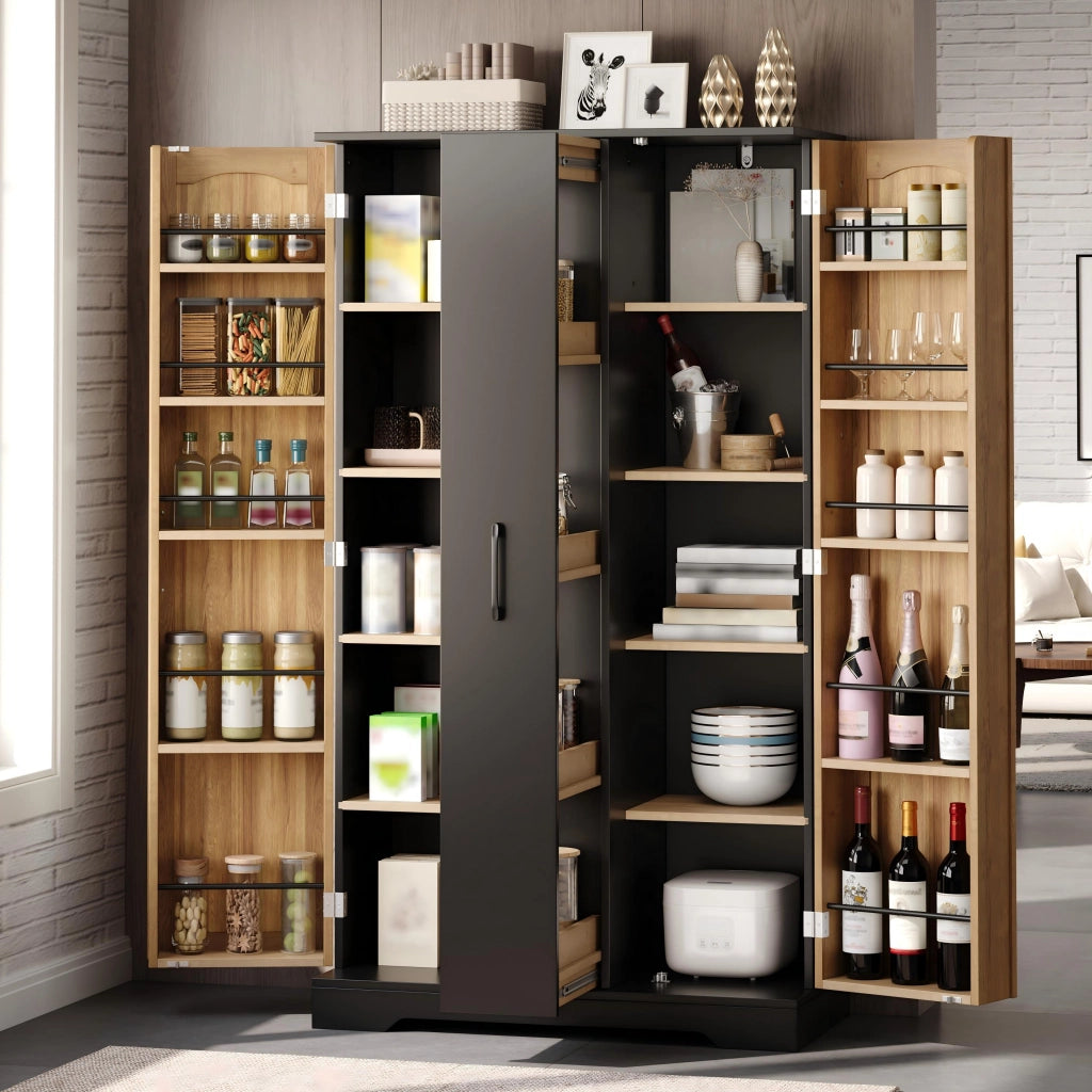 Credenza con 2 ante e 4 ripiani regolabili, porta spezie verticale, per cucina e soggiorno, 150 × 78 × 40 cm