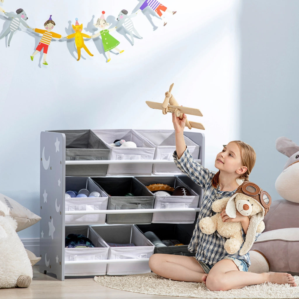 Mobiletto Portagiochi con 9 Cestini Rimovibili in MDF e Tessuto, 63x30x60cm, Grigio e Bianco