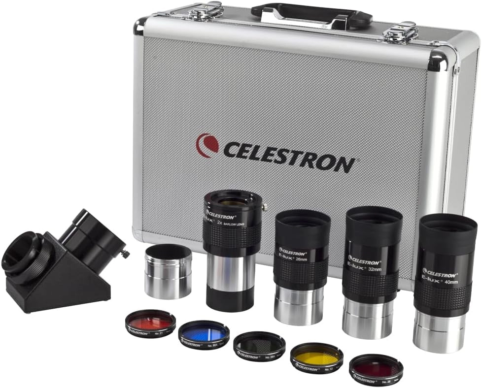 Celestron 94305 Kit oculare e filtri da 2”, 12 pezzi - diagonale a specchio 2", adattatore diagonale, 3 oculari E-lux 2”, lenti di Barlow 2X, 5 filtri colorati e custodia rigida in alluminio, argento
