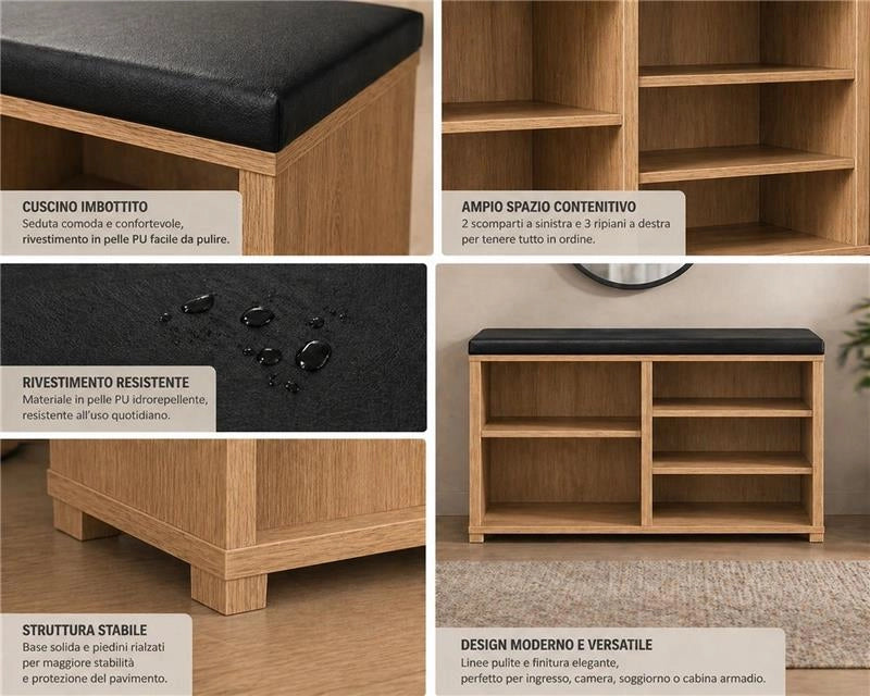 SCARPIERA IN MDF ROVERE CON RIPIANI E SEDUTA IN SIMIL PELLE NERA MISURE: 80X30X47 CM