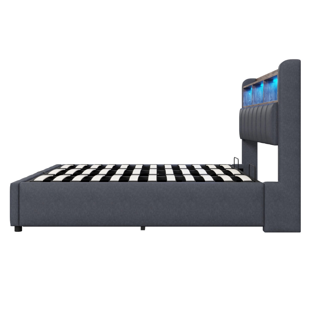 Letto imbottito 180x200 cm con LED; contenitore e USB in lino grigio