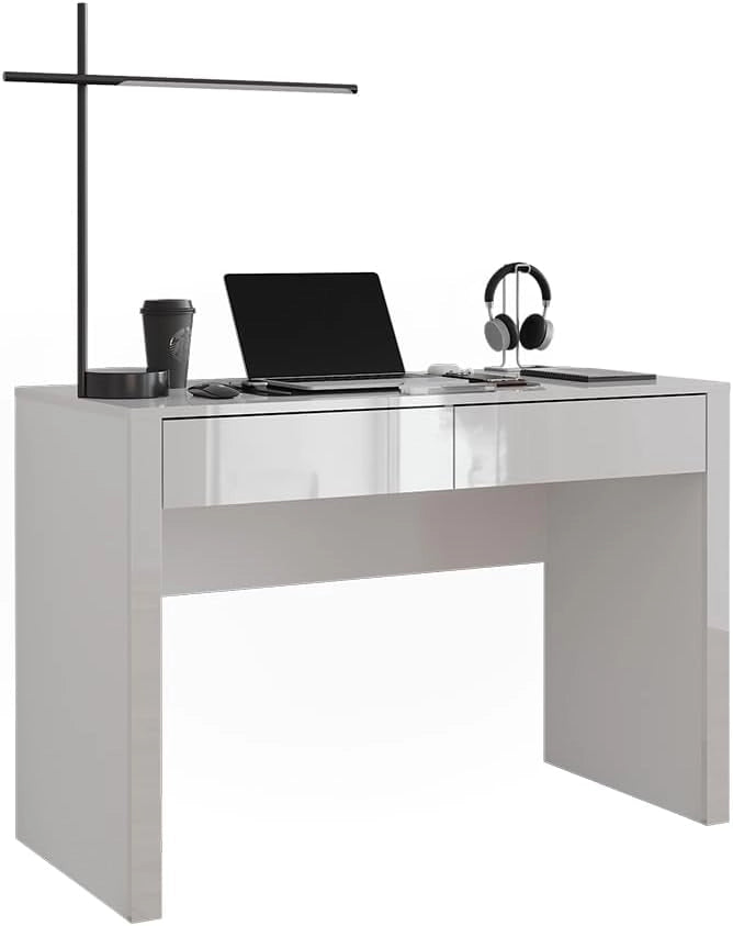 Scrivania Annabelle, Bianco lucido/bianco, 110 x 50 cm con 2 cassetti, adatto come postazione di lavoro per home office o studio
