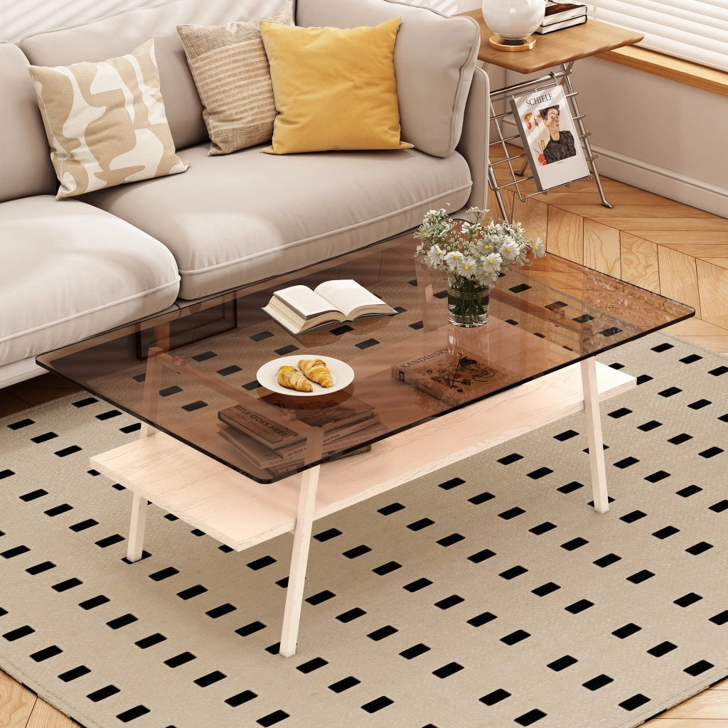 Tavolino basso rettangolare in vetro temperato con gambe in metallo bianco e base in MDF, per soggiorno, 98 × 58 × 42,5 cm