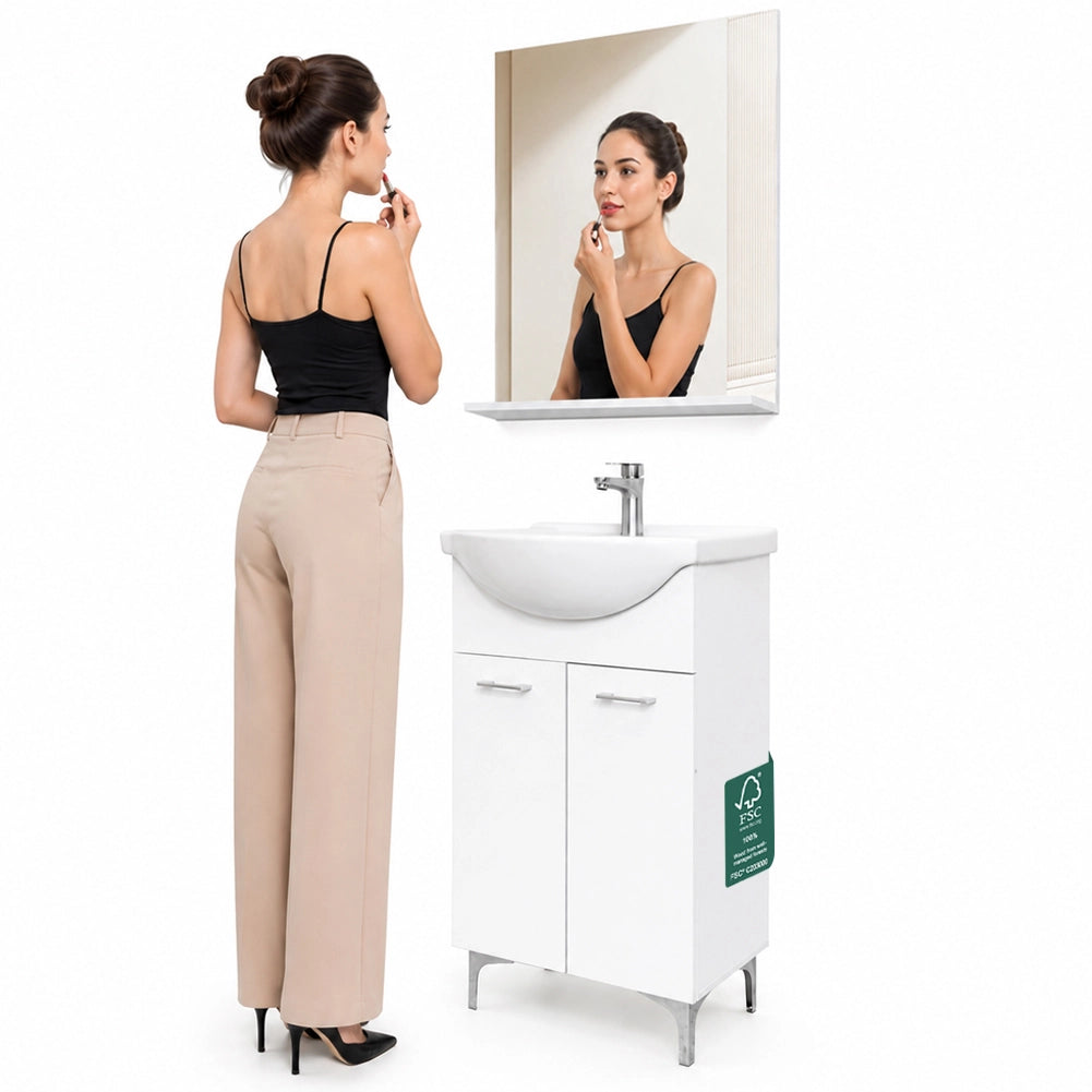 Set Completo Mobile da Bagno da Terra 55 cm Due Ante Bianco Specchio e Accessori
