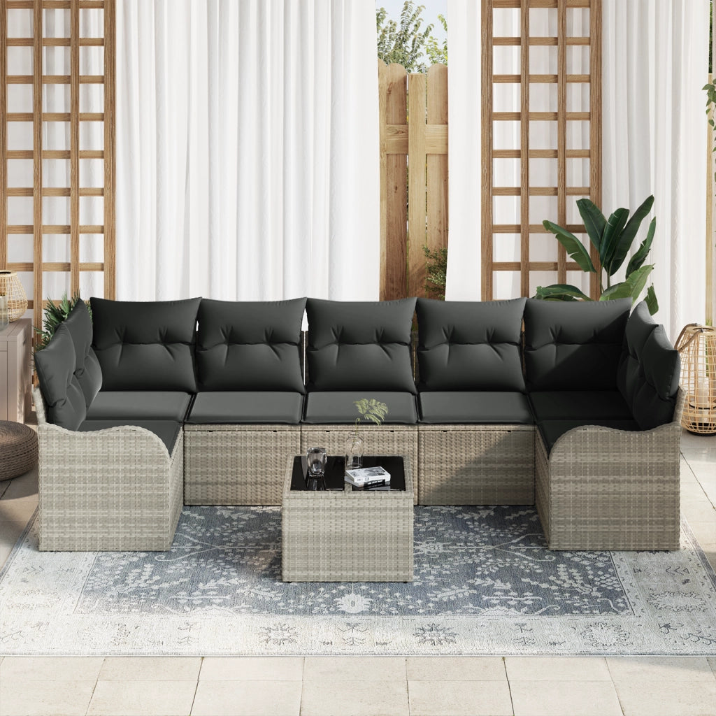 Set divano da giardino  8 pezzi con cuscini grigio chiaro in polyrattan