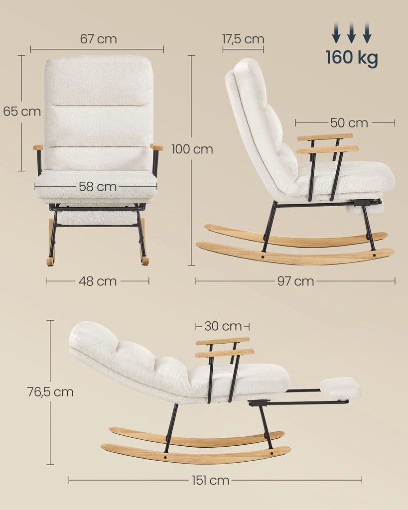 Sedia a dondolo con gambe in legno di caucciù sedia a dondolo in tessuto felpato schienale regolabile in 4 posizioni supporta fino a 160 kg per camera da letto e soggiorno bianco crema 12_0006072