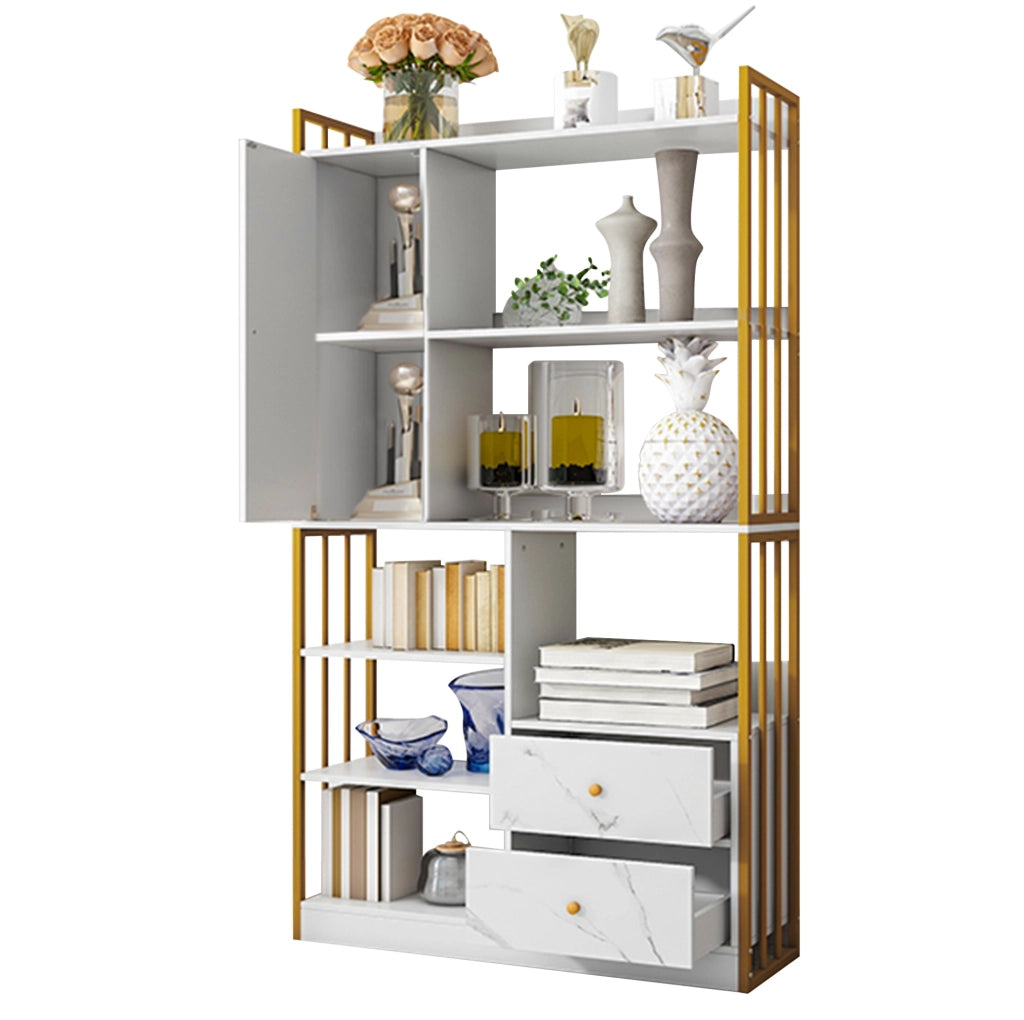 Libreria a 6 ripiani con ante e cassetti; 100 x 30 x 173;5 cm; truciolare bianco e oro