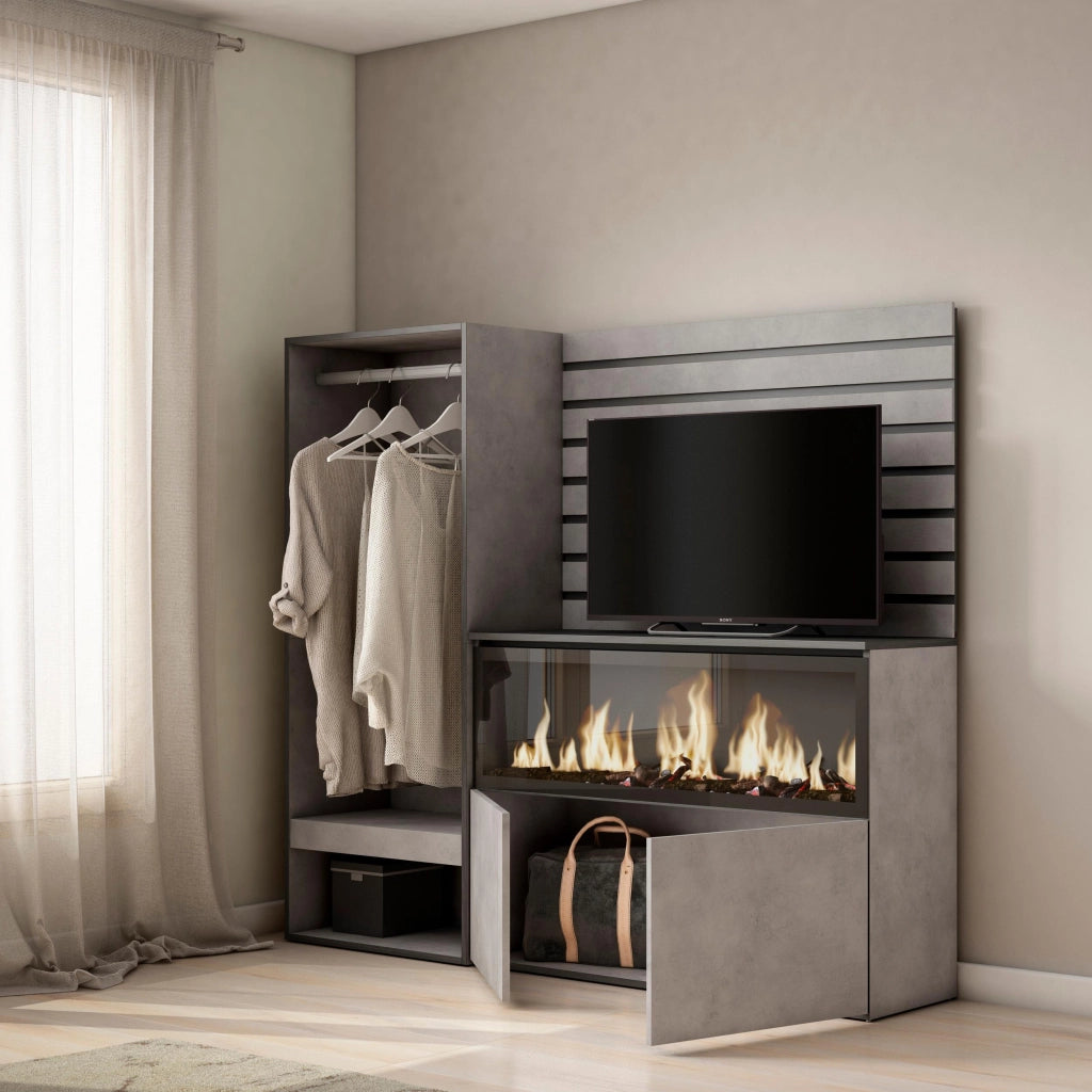 Credenza, 167x35x145cm, Camera da letto, Camino elettrico XXL, Armadio Aperto, grigio cemento RF3390