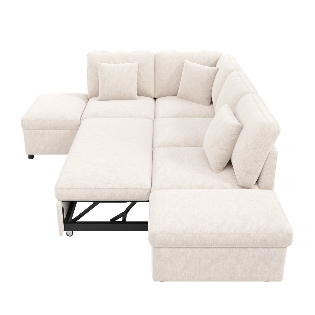 Divano angolare modulare con letto estraibile, poggiapiedi contenitore e porte USB e Type-C in ciniglia beige