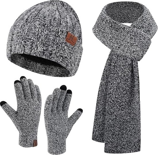 Set di accessori caldi per donne, composto da berretto di lana, guanti touchscreen e sciarpa lunga in pile, con berretto caldo in lana, sciarpa, guanti in lana e guanti in maglia.