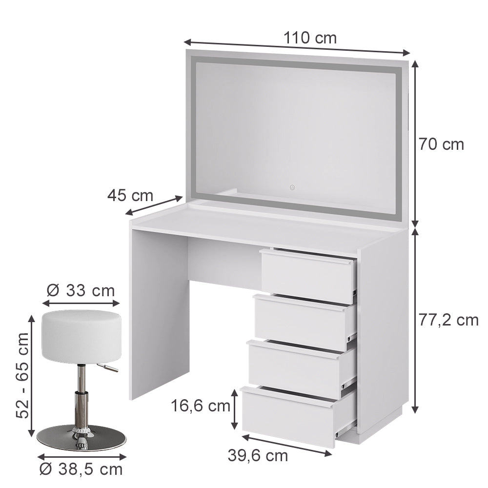 Vicco Tavolo da toeletta Bianco 110 cm con specchio LED e sgabello