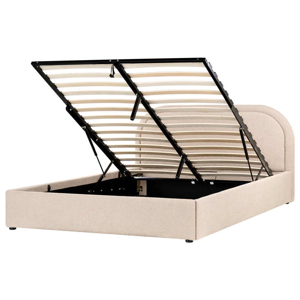 Letto moderno con contenitore e testata imbottita in bouclé beige chiaro 160 x 200 cm