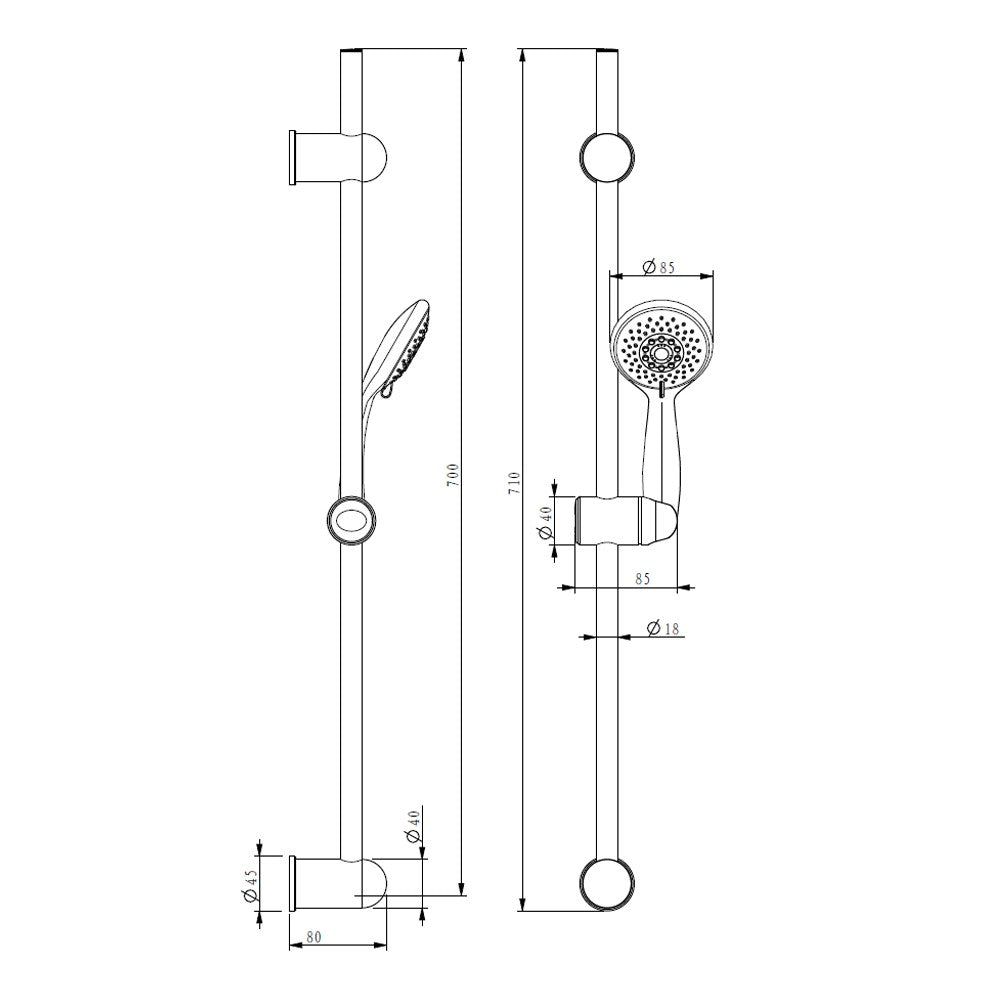 Saliscendi mali con altezza regolabile e doccino tre getti.